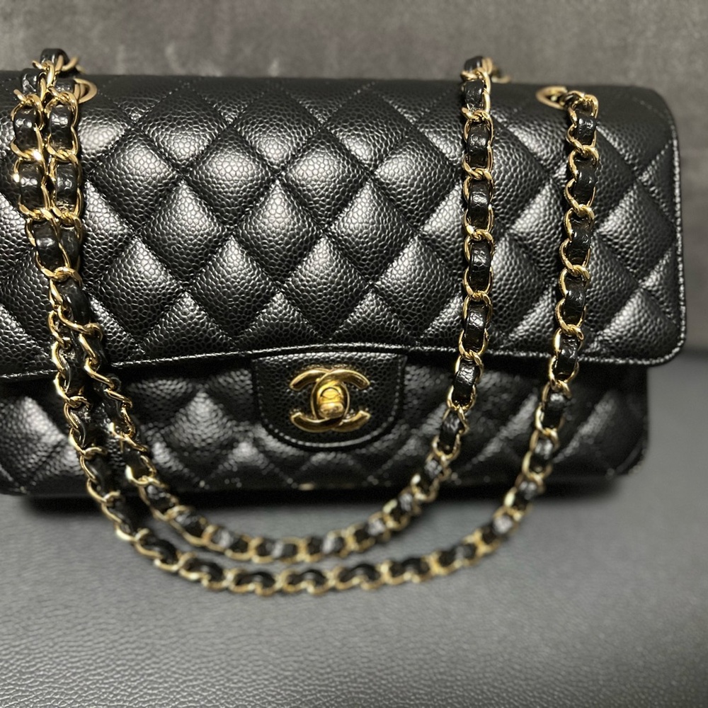 CHANEL Classic Quilted Caviar Small Gold Chain  Double Flap Black